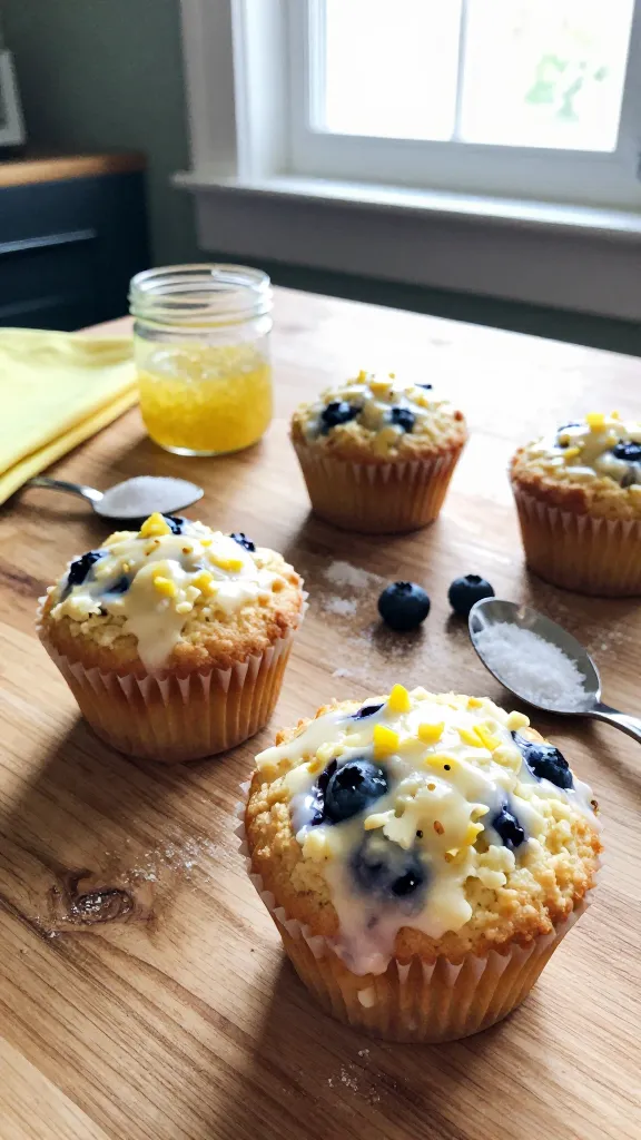 A real, authentic photo of Lemon-Blueberry Cottage Cheese Muffins on a casual breakfast setup, taken with an iPhone. The image shows a few lemon-blueberry cottage cheese muffins on a rustic wooden table by a kitchen window, with natural sunlight streaming in. The muffins have a light, tender crumb visible, tiny lemon zest flecks, and a delicate glaze. A small open jar of lemon zest, a teaspoon of sugar, and a lime-yellow napkin peek into the frame. The composition is intentionally imperfect: slight tilt of the horizon, a couple of blueberries wobbling in the glaze, a touch of flour dust on the table, and a minor lens flare from the window. Slight overexposed highlights on the glaze and tops of the muffins, subtle motion blur from a quick, candid shot, and a gentle grain that varies with light. No staging, no text on the image, no obvious professional setup, just a midweek breakfast moment captured in 1080p-like quality. The scene feels like a quick grab-and-go photo: casual, warm, and inviting, with a fingerprint on the lens and a hint of post-processing to look natural but not overly polished.