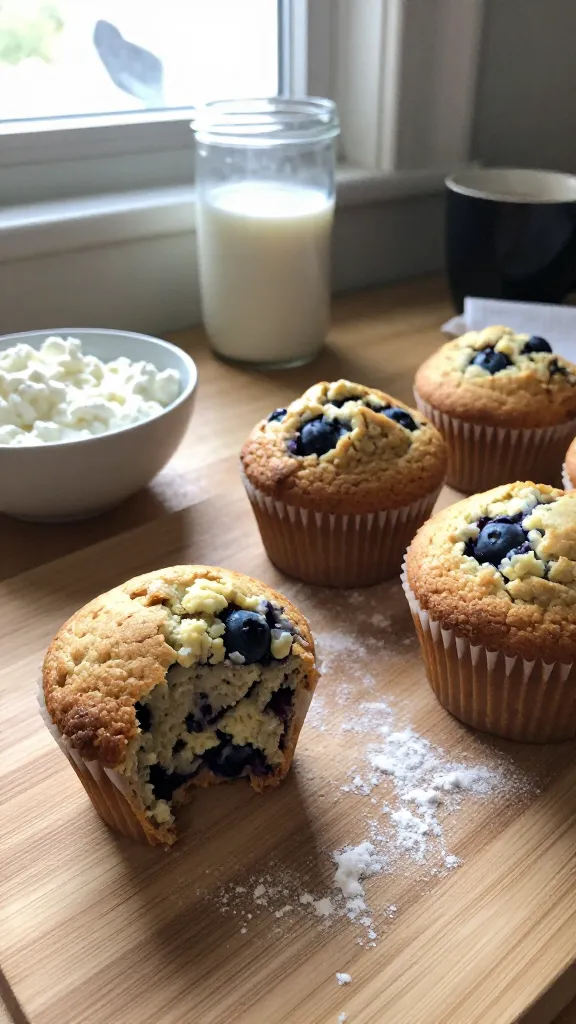 A real, authentic photo of whole wheat blueberry cottage cheese muffins on a simple breakfast setup, taken as if with an iPhone in natural window light. Scene includes a batch of warm, golden-brown muffins with visible blueberry specks, a small bowl of cottage cheese nearby, and a light dusting of flour on the wooden countertop. Casual, slightly imperfect composition: a few muffins in a paper liner, one half-bitten muffin to imply meal-prep practicality, a cup of coffee or glass of milk in the background. Natural, slightly imperfect lighting with gentle window glow, soft shadows, and minor glare on a glass jar. Include realistic phone-camera imperfections: a touch of overexposed highlights on the muffins, a hint of lens flare from the window, minor motion blur on a napkin edge, subtle grain that varies with the light, and a slightly tilted horizon. No staged look, no words, no text. The image should feel like a quick shot taken in a hurry, “shot quickly” and “no staging,” with compressed, 1080p quality, fingerprint on lens hints, and no professional photography cues. Optional light post-processing suggestion: a tiny bit of smart blur with sharpening and a flat recolor to avoid an overly crisp AI appearance, but still keep natural texture.
