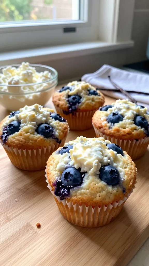 A close-up, authentic photo of Vanilla Bean Blueberry Cottage Cheese Muffins arranged on a light wooden kitchen counter near a window. The main subject is a freshly baked muffin with visible blueberries and a creamy, velvet crumb from cottage cheese, with a glossy vanilla bean speck visible in the batter. Include one muffin broken open to reveal creamy interior speckled with vanilla, and a small bowl of cottage cheese and a halved vanilla bean pod in the background for context. Natural window light streams in, casting soft shadows and gentle highlights. Slightly imperfect composition: a casual, slightly tilted horizon, a few crumbs on the counter, and a tiny smear of butter near the edge. The scene should feel real, like it was shot quickly on an iPhone, with no staging. Subtle camera imperfections: a tiny overexposed highlight on the muffin edge, faint lens flare from the window, minor motion blur on a nearby dish towel, grain variation from lighting, and a fingerprint or smudge on the lens in the corner. The photo should read as 1080p quality, “screenshot quality” with compressed look, no text, no branding, and no AI‑style polish. Optional very light post-processing hints: slight desaturation of background, minor sharpness on muffin surface, but overall natural and candid. The main subject is the Vanilla Bean Blueberry Cottage Cheese Muffins; no words or captions in or on the image.