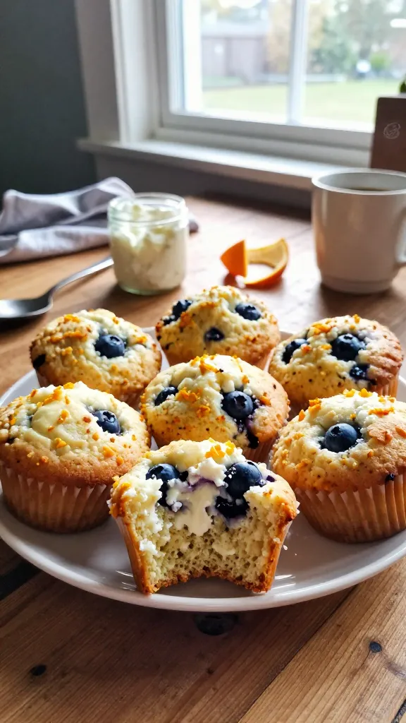 A real, authentic iPhone photo of 6. Blueberry Muffins With Orange Zest and Cottage Cheese on a casual breakfast scene: a plate of freshly baked muffins with visible orange zest flecks and a creamy crumb visible through a bite, set on a rustic wooden table by a kitchen window. Natural window light streaming in, soft shadows, slight overexposed highlights on the muffins’ tops, tiny lens flare from the sun, a hint of motion blur from a gentle morning breeze, and a touch of grain in the image. The scene feels lived-in and un-staged: a slightly tilted horizon, a coffee mug off to the side, a napkin crumpled nearby, a small jar of cottage cheese and a zested orange rind resting casually, a forgotten spoon with a smear of batter, and a fingertip or fingerprint subtly visible on the lens in a non-distracting way. Colors are warm and true to life, with the muffins looking moist and fluffy, the orange zest bright, and the cottage cheese adding a tender texture. The shot appears as if taken quickly in a hurry, with no text, no AI signatures, and “screenshot quality” realism, compressed 1080p quality, fingerprint detail and a slightly imperfect composition to convey authenticity. Optional subtle post-processing touch: a light, natural color boost and a touch of softening applied sparingly to mimic casual phone photography while still preserving the real, imperfect look. No words or logos in the image.