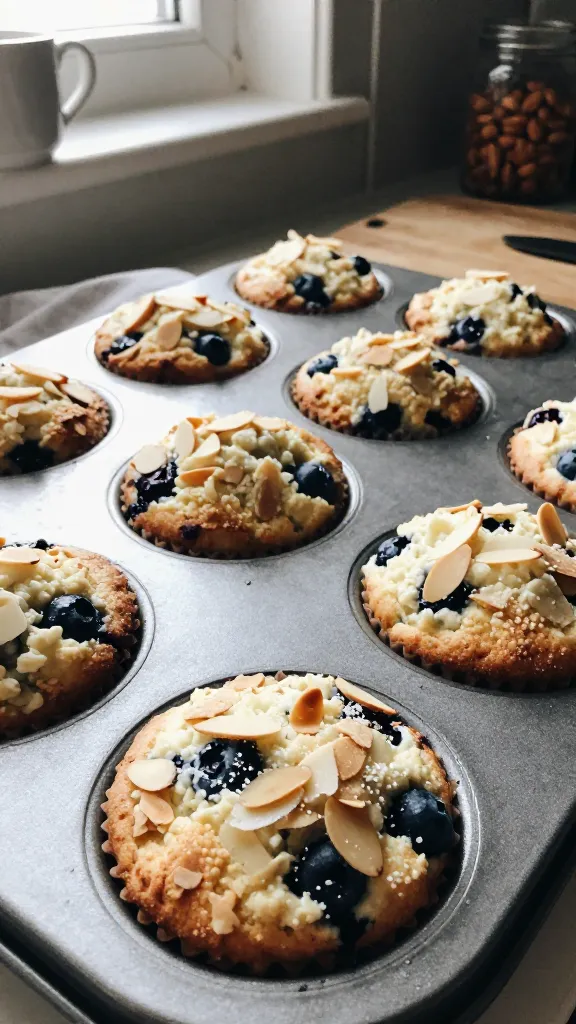 A real, authentic photo of Almond-Blueberry Cottage Cheese Muffins as the main subject, photographed as if by an iPhone in natural window light. Casual, imperfect composition with a slightly tilted horizon and a handheld feel, like it was taken quickly in a kitchen during snack time. Display a muffin tin or plate of muffins featuring visible almond slices on top and a light dusting of almond meal, with blueberries peeking through for color. The muffins should look soft and airy from the cottage cheese. Include natural imperfections: subtle overexposed highlights from the window, a touch of lens flare, minor motion blur on a cutting board or napkin nearby, and grain that varies with light. The scene appears un-staged, with everyday kitchen items faintly in the background, perhaps a mug, a cutting board, or a jar of almonds. No text on the image. Optional subtle post-processing hint: slight scaling down and up, gentle sharpening, muted color punch, but maintain a realistic, photo-like feel—“shot quickly,” “taken in a hurry,” “fingerprint on lens,” and “screenshot quality.” Compositional note: natural, cozy, homey vibe that invites a mindful breakfast on the go. Compressed, 1080p quality.