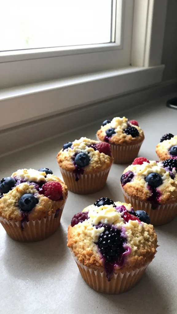 A real, authentic photo of Triple-Berry Cottage Cheese Muffins on a simple kitchen counter near a window, featuring the muffins as the main subject from the article title. The scene looks like it was shot quickly with an iPhone, natural window lighting, casual composition, and a slightly imperfect, realistic feel. Show muffins with a soft crumb and visible cottage cheese texture, dotted with blueberries, raspberries, and a few blackberries, some berries gently bleeding color into the muffin tops. Include subtle, realistic phone-camera imperfections: slightly overexposed highlights from the window, gentle lens flare, minor motion blur from a casual hand-hold, grain that varies with the light, and a slightly tilted horizon. Avoid staged or AI-generated vibes; no text on the image. Optional hint of post-processing: minor, such as a tiny touch of smart blur/sharpening or a light color tweak, to keep a natural look. Shot quickly, no staging, fingerprint on lens, compressed 1080p quality, screenshot-like authenticity. No words or branding visible.