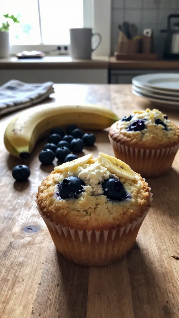 A real, authentic photo of Banana-Blueberry Cottage Cheese Muffins, taken as if an iPhone shot in a cozy kitchen. Focus on a freshly baked muffin on a rustic wooden table near a sunny kitchen window, with a soft, natural glow highlighting the moist, tender crumb and speckled cottage cheese within. Nearby, a ripe banana half and a handful of fresh blueberries sit casually, hinting at the banana-blueberry flavor. The scene should feel casual and unposed: slight countertop clutter, a mug, a crumpled napkin, and a casual plate stack in the background. Natural imperfections visible: a touch of overexposed highlights from window light, a subtle lens flare near the edge, minor motion blur from a quick snap, and a faint grain that changes with the light. Slightly tilted horizon as if snapped in a hurry, no obvious staging. No text or logos on the image. Optional gentle post-processing touch to suggest realism without AI cues: micro-contrast tweak and a tiny bit of desaturation to mimic phone-camera processing, while preserving natural colors. Overall look: compressed, 1080p quality, finger­print on lens area hints and a casual, “taken in a hurry” feel with no cinematic or studio vibe.