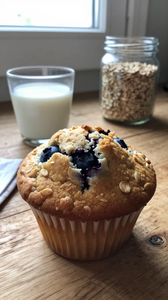 A close-up, real-looking photo of a muffin with a soft, textured crumb peeking from a warm, oat-speckled muffin top, featuring visible blueberries bursting through the crust, with a slightly moist interior peering through a tiny crack. The muffin sits on a rustic wooden kitchen counter beside a small glass of milk and a jar of oats, in natural window light. The scene should feel casual and candid, as if photographed quickly in a home kitchen, not staged. Include subtle imperfections: a slight glare from the window, tiny lens flare, a hint of motion blur on the edge of a napkin, grain visible in the shadowed areas, and a gently tilted horizon. The image should look like it was taken with an iPhone, with “screenshot quality” vibes and no visible text or branding, conveying a simple, everyday breakfast moment. No words, no captions, no logos. Optional light post-processing hint: slight, natural color tweak that preserves realism, not glossy or overdone.