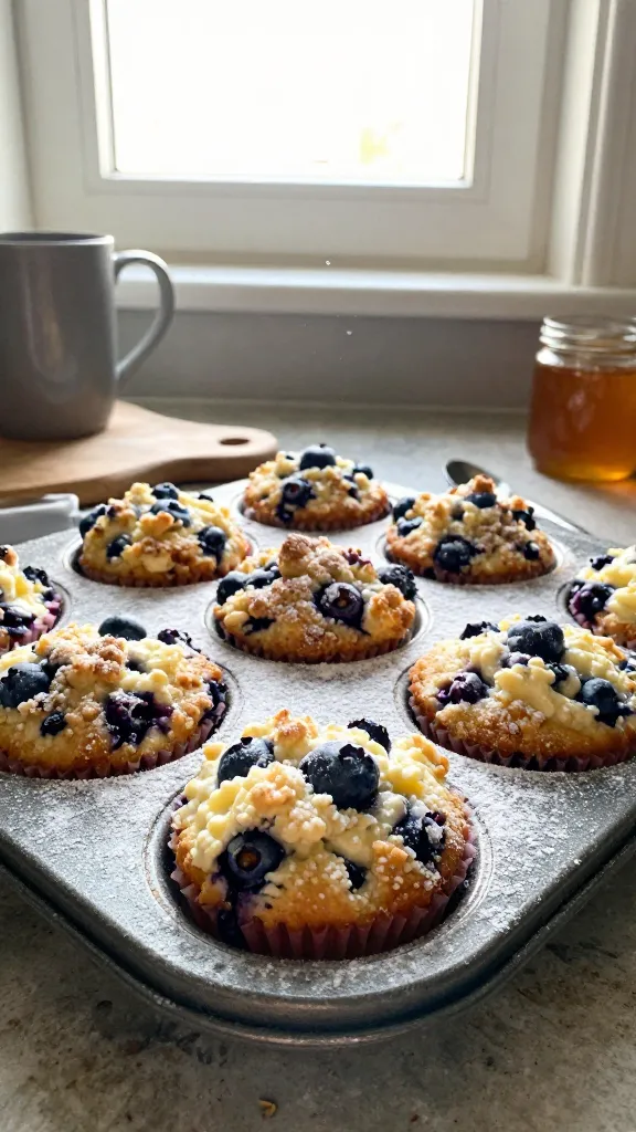 A real-looking photo of Cardamom-Blueberry Cottage Cheese Muffins on a rustic kitchen counter by a sunlit window. The main subject is a tray or plate of muffins with visible blueberries and a light dusting of powdered sugar, featuring a soft crumble and tender crumb texture from cottage cheese. Include a subtle pinch of ground cardamom visible as tiny specks or a small spoon of ground cardamom beside the muffins to hint at flavor. Natural, casual composition: a homemade vibe with slight imperfections, like a mug, a cutting board, or a jar of honey nearby. Shot quickly with natural window light, slight overexposed highlights on the muffins’ tops, gentle lens flare, and a bit of warm, golden tone. Some minor motion blur from a casual, in-the-moment setup; a slightly tilted horizon and small fingerprint or dust speck on the lens for realism. Grain present consistent with light conditions; no staged studio feel. Compressed, 1080p quality with no text or branding. Optional light post-processing that remains subtle: minor color lift and a touch of sharpening, but nothing dramatic. No words on the image.