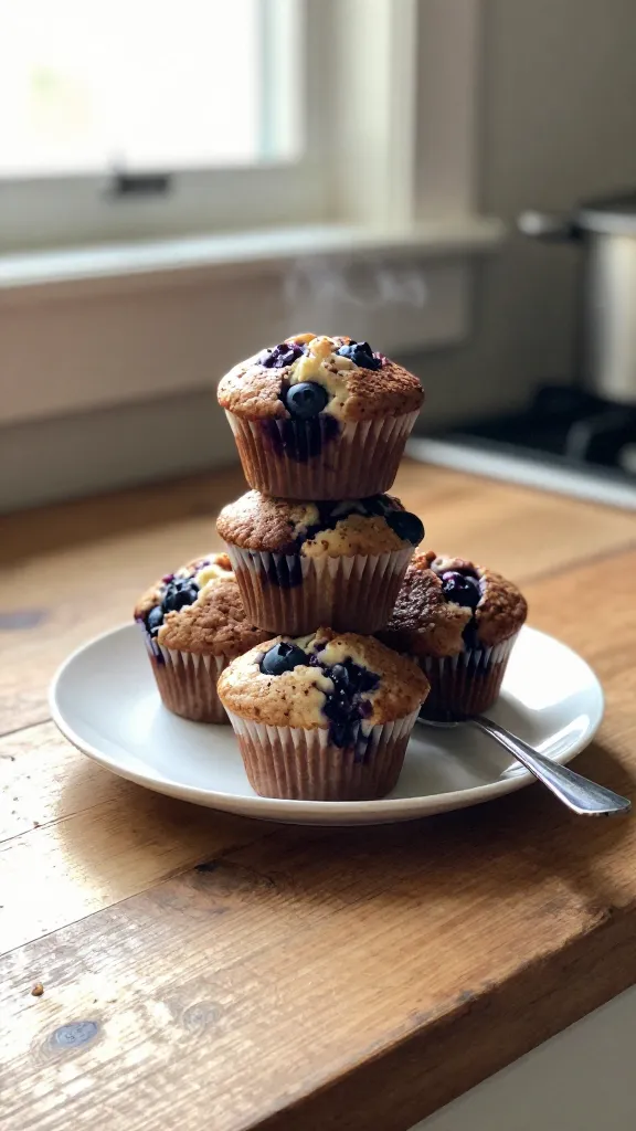 A real, authentic photo of Cocoa-Blueberry Cottage Cheese Muffins, centered on a stack of three muffins with a cocoa-dusted top and visible juicy blueberries, resting on a rustic wooden kitchen counter. The scene is shot in natural window light with casual, slightly imperfect composition: a small crumb trail, a hint of steam, and a casually placed fork beside the plate. Slight overexposed highlights from the sun streaming through the window and a subtle lens flare near the edge, with minor motion blur in the background to suggest a quick snapshot. The image should feel like an iPhone capture taken in a hurry, with minor grain variation from lighting, a slightly tilted horizon, and no staging or studio setup. Include fingerprint smudges on the lens and a hint of compression to resemble 1080p screenshot quality. No text on the image. Optional subtle post-processing hint: a light, imperfect post that looks like scaled down and up again, a small amount of smart blur with sharpening, and a flat color tweak to mute colors slightly.