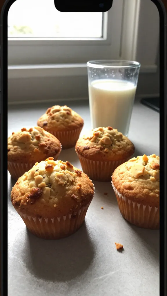 A real, authentic photo of Cheesy Sunrise Power Muffins that pack a punch, shown as the main subject from the article title. Shot with an iPhone in natural window light, casual composition, a slightly imperfect, realistic feel. The muffins sit on a simple kitchen counter next to a glass of milk, with warm morning light streaming through a window. The scene should look taken in a hurry, with no staging, using natural lens imperfections: slightly overexposed highlights on the muffin tops, a touch of lens flare, minor motion blur from a casual hand-held shot, and grain that varies with the light. Horizon slightly tilted for realism, fingerprints on the lens, and a casually imperfect arrangement of muffins—a few crumbs, a crumb-topped muffin, and a visible golden crust. No text on the image. The image should feel compressed, 1080p quality, as if captured quickly on a phone, with no cinematic or studio cues and a hint of subtle post-processing that keeps it looking authentic and unpolished.