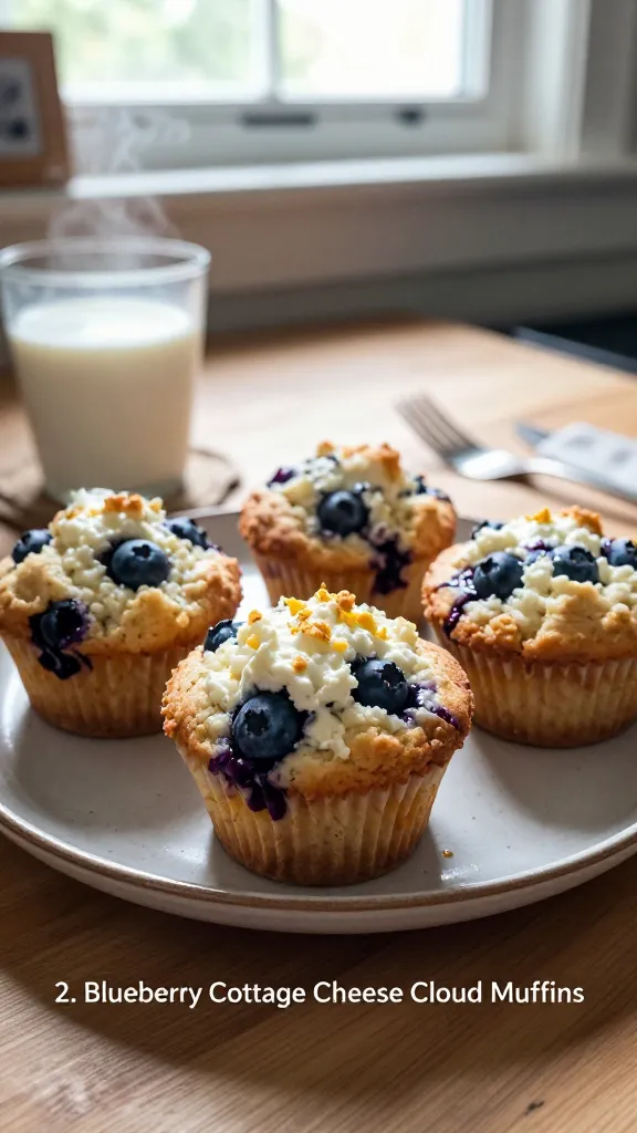 A real, authentic photo of blueberry cottage cheese cloud muffins as the main subject, titled "2. Blueberry Cottage Cheese Cloud Muffins" in a casual home-kitchen setting. The scene should feel candid and un-staged, as if taken quickly on an iPhone. Natural window light streams in, casting soft, everyday shadows across a wooden countertop with a light morning vibe. Display a batch of fluffy muffins with visible blueberries bursting through each bite and subtle, creamy specks of cottage cheese inside. Include a few muffins on a slightly imperfect ceramic plate, some exposed crumb texture, and perhaps a tiny drizzle of honey or a light dusting of lemon zest to hint at brightness. A partially visible mug or glass of milk in the background can add context, with a casually placed fork or napkin to imply a quick breakfast moment. The composition should be slightly imperfect: a tilted horizon, gentle overexposed highlights from the window, a touch of lens flare, and minor motion blur on a utensil or a steam wisps rising from a hot beverage. Grain is visible, varying with the light, to enhance realism. No text on the image. Avoid any cinematic or studio vibes; keep it as if someone grabbed the camera in a hurry. Optional subtle post-processing note: a tiny, whispered touch of scaling down and up, slight smart blur with sharpening, and a flat recolor to mimic a casual, everyday photo. No words, no AI-watermark. Image quality should feel like a compressed, 1080p smartphone shot with natural imperfections and no staging.