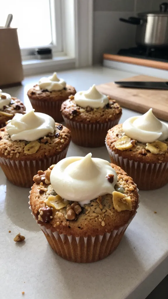 A real, authentic photo of banana-nut muffins with a cottage cheese swirl, the main subject from the article title "3. Banana-Nut Kraft Muffins With Cottage Cheese Swirl" on a casual kitchen counter. Shot quickly in natural window light with a slightly imperfect, candid feel, as if taken with an iPhone in a busy morning. Display muffins with a creamy cottage cheese swirl visible in the centers, flecks of walnuts, golden-brown tops, and a few mashed banana pieces peeking through. Use a casual composition: some muffins in the foreground, a few crumbs, a wooden cutting board, and a softly blurred background of a home kitchen. Include realistic phone-camera imperfections: slight overexposed highlights on the muffins, subtle lens flare from the window, minor motion blur from a quick move, and grain that varies with the light. Horizon slightly tilted, perhaps a small tilt to the counter edge. No staging or obvious setup; no visible text on the image. The image should feel like “shot quickly,” “taken in a hurry,” “fingerprint on lens,” “compressed, 1080p quality,” and “screenshot quality,” with a touch of post-processing that looks natural rather than polished (scaled down and up again, slight smart blur with sharpening, subtle recoloring). Ensure the main subject remains the muffins with the cottage cheese swirl; no words or captions on the photo.