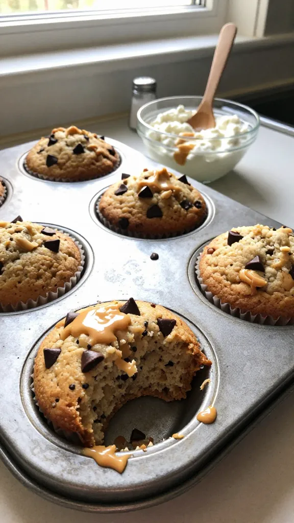 A real, authentic photo of Peanut Butter Chocolate Chip Power Muffins on a kitchen counter, taken as if with an iPhone in natural window light. Casual, imperfect composition: a couple of muffins in a shabby ceramic muffin tin with visible wear, one muffin partially bitten, a smear of peanut butter on the side of the tray, tiny chocolate chips catching the light. Include a small bowl of creamy cottage cheese with a wooden spoon, a swirl of peanut butter visible in the batter, and a subtle hint of vanilla and a pinch of salt represented by a tiny salt shaker nearby. The scene should feel lived-in: a slightly tilted horizon, a bit of overexposed highlight on the edge of a muffin, gentle lens flare from the window, a touch of motion blur on a nearby utensil, and grain that varies with light. The image should look like it was captured quickly, with no staging, no text, and no heavy post-processing that screams photorealism. Subtle fingerprint smudges on a nearby glass, a hint of post-processing that looks like a rough refinement (scaled down and up again, slight smart blur with sharpening, recolored with a flat paint bucket) but still clearly photographed, 1080p quality feel. Overall, a warm, inviting, fridge-friendly muffin shot that conveys indulgence without appearing overly polished. No words visible in the image.