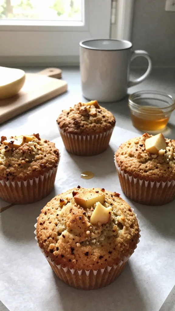 A real-feeling photo of warm Spiced Apple Cottage Cheese Muffins on a casual kitchen counter, featuring the muffins as the main subject inspired by the article title. Natural window light pours in, casting soft shadows, with a slightly imperfect, everyday vibe. A few apple chunks peeking through the tender crumb visible on the muffin tops, hints of cinnamon and nutmeg dusting the surface. A small drizzle of honey sits nearby for warmth. The scene should feel lived-in: a chipped mug, a wooden cutting board, and a gentle, unposed arrangement. Shot quickly, no staging, no studio setup; the camera angle is slightly above eye level, with a casual, not perfectly aligned horizon. Include realistic phone-camera imperfections: a touch of overexposed highlights on the honey, minor lens flare from the window, a hint of motion blur on a stray menu or cloth, and natural grain variations from light. The image should resemble an authentic iPhone photo, compressed 1080p quality, with a slightly tilted horizon and a few fingerprint smudges on the lens rim. No words or text visible on the image. Optional subtle post-processing that keeps it natural: light color toning, slight sharpening, but avoid any obviously artificial effects. Overall, a warm, cozy morning muffin moment that feels real and unpolished.