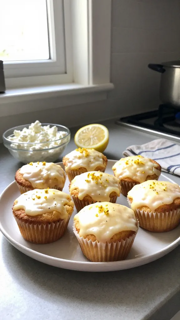 A photo of Lemon Ricotta-Style Muffins with Cottage Cheese as the main subject, arranged on a simple breakfast plate on a kitchen counter. The scene is bright, with natural window light coming from the left, casually placed muffins showing a light lemon glaze and specks of zest. Include a small bowl of cottage cheese and a lemon half with zest near the plate to hint at the recipe. The image should look like a real photo taken with an iPhone: slightly imperfect, no staging, everyday kitchen vibe. Use realistic phone-camera imperfections: a touch of overexposed highlights on the plate, a faint lens flare from the window, minor motion blur on a nearby napkin, and a subtle grain that varies with light. Horizon slightly tilted, with a casual, cluttered counter feel. No text on the image. Optional light post-processing to reduce AI detection: gentle brightness tweak, slight smart blur kept minimal, minor color adjustment to keep natural tones. “Shot quickly, no staging, finger print on lens” vibe. Compressed 1080p quality, screenshot-like in feel, not a polished studio shot.