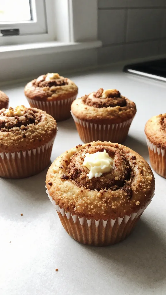 A real-looking photo of Cinnamon Bun Muffins With Cottage Cheese Core on a casual kitchen counter. The scene shows a few warm muffins with a cinnamon swirl, a visible creamy cottage cheese core peeking from one muffin, and a light crumb topping of brown sugar and cinnamon. Natural window light from the left casts soft shadows, while a slightly imperfect, everyday vibe is present: a few muffin crumbs, a faint fingerprint on the lens, minor bloom from the highlights, and a tiny tilt in the horizon. The image should feel shot quickly, no staging, with a candid, “taken in a hurry” atmosphere. Slight overexposed highlights and subtle grain, 1080p quality, compressed feel, no text or branding, no cinematic or studio cues. Optional, a touch of post-processing that keeps it natural: small color tweaks, but still looks like an iPhone photo taken in a real kitchen.