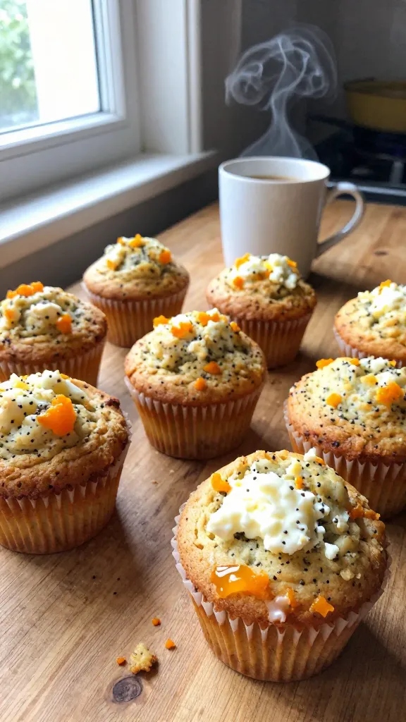 A photo of a batch of 8-10 zesty orange poppy seed muffins with cottage cheese inside, arranged on a rustic wooden kitchen table. The muffins should look freshly baked, with tiny poppy seed specks, bright orange zest flecks, and a moist, tender crumb visible. Some muffins have a light glaze or a smear of orange marmalade on the side. Include a steaming cup of coffee or tea nearby. Natural window light pours in from the left, casting soft shadows and a warm glow. The scene should feel real and candid: slight clutter on the counter, a chipped mug handle, a few muffin crumbs, and a casual, imperfect arrangement. Slight overexposed highlights on the muffin tops, tiny lens flare from the window, a faint finger on the lens edge, minor motion blur from a quick hand movement, and a subtle grain that varies with light. Horizon slightly tilted, as if photographed quickly in a hurry. No stage setup, no words or text visible in the image. The overall look is compressed 1080p quality, with a hint of post-processing to resemble a casual, everyday snapshot.