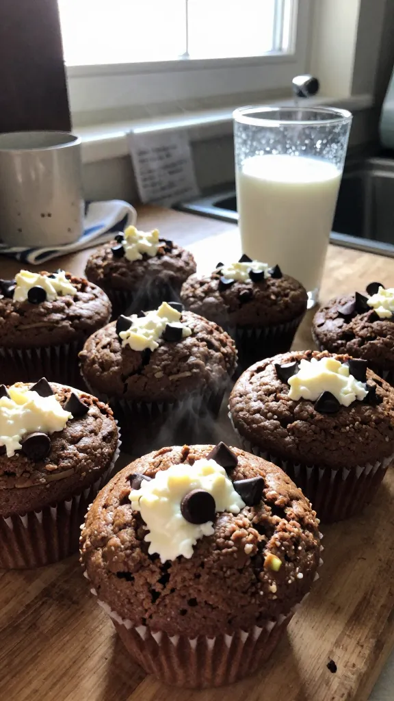 A close-up shot of a batch of Cocoa-Protein Dream Muffins with cottage cheese, freshly baked and steaming lightly, arranged on a rustic wooden kitchen counter. The muffins have a fudgy, moist crumb visible in the centers, with a few dark chocolate chips gleaming and tiny vanilla-tinted highlights. A glass of cold milk sits nearby, condensation beads forming in the morning light. The scene is captured in natural window lighting, with a casual, slightly cluttered kitchen vibe: a chipped mug, a folded napkin, and a handwritten recipe card blurred in the background. The photo looks like it was taken quickly on an iPhone, with imperfect realism: a touch of overexposed highlights on the muffin tops, a faint lens flare from the window, minor motion blur from a casual hand movement, and subtle grain that varies with the light. Horizon slightly tilted, fingerprint smudges on the lens, no staging or professional setup, “screenshot quality” texture, compressed 1080p feel. No text on the image, no branding, just a real moment of enjoying a chocolatey, cottage-cheese muffin in a busy morning kitchen. Optional subtle post-processing hints: slight smart blur with gentle sharpening to keep it natural, colors tweaked a touch but still warm and true-to-life.
