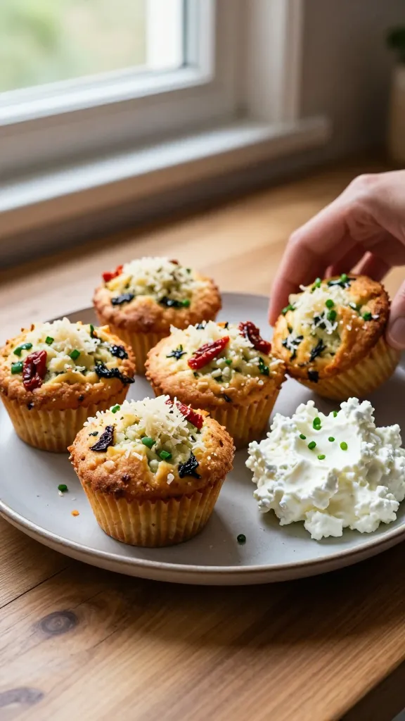 A candid, real-life photo of savory Parmesan herb muffins with cottage cheese, photographed as if you just whipped them up and plated them quickly for a casual breakfast. The main subject is a batch of golden-brown muffins, studded with parmesan shreds and small green chives, with a few sun-dried tomato bits for color. They’re arranged on a simple, unpolished ceramic plate on a wooden kitchen counter near a window. A soft, natural window light highlights the muffins, casting gentle shadows and a warm, homey glow. A small scoop of cottage cheese with a few chive specks sits beside the plate, reinforcing the cottage cheese theme. The scene should feel unstaged, like a quick snapshot taken in a hurry: slight overexposed highlights from the window, a tiny lens flare near the edge, and a subtle tilt of the horizon. Include minor imperfections: a fingerprint smudge on the plate, a tiny crumb trail, and a slight motion blur on a nearby hand reaching for a muffin. The image should read as compressed, 1080p quality, with no text or logos, and no obvious AI cues. Optional: a faint, natural warm post-processing touch that makes colors a touch more rustic without looking polished or glossy.