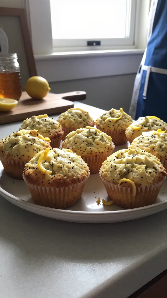 A real, authentic photo of Lemon Poppy Seed Power Muffins on a casual kitchen counter, main subject being a plate of lemon-zesty cottage cheese muffins with tiny poppy seeds visible. Shot quickly with an iPhone, natural window light streaming in, slight morning glow. Slightly imperfect, candid composition: muffins in a simple ceramic plate, a few crumbs, a lemon zest curl on the side, a blue and white apron sleeve in frame, no staging. Include realistic phone-camera imperfections: a touch of overexposed highlights from the window, a small lens flare, faint motion blur from movement, slight grain in the shadowed areas, and a mildly tilted horizon. Subtle, casual clutter in the background (a wooden cutting board, a jar of honey, a half-used lemon) to enhance realism. No text or branding on the image; the scene looks like it was captured on the fly, compressed 1080p quality, with fingerprint smudges on the lens and a sense of “taken in a hurry.” Optional light post-processing hint: slight smart blur with gentle sharpening, muted color balance to resemble a natural phone shot.