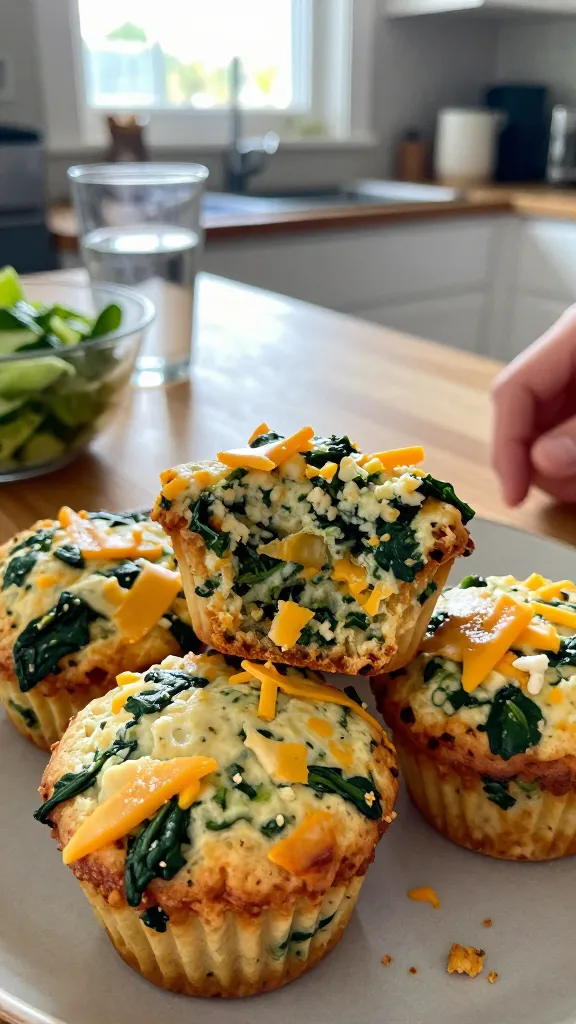 A real, authentic photo of cheddar spinach savory muffins for a keto lunchbox, as if shot on an iPhone in a casual kitchen. The main subject is a small batch of savory muffins featuring visible chunks of sharp cheddar and bright green spinach, slightly domed tops with melted cheese specks, presented on a simple plate with a few muffins stacked and some crumbs. Include a casual surrounding: a wooden countertop, a glass of water or a simple salad on the side, and natural window light streaming in, creating gentle shadows and warm tones. The shot should feel candid and unposed: perhaps a muffin partially lifted or a bite taken, a hand lightly resting nearby, and a hint of motion or everyday activity in the background. Use natural, imperfect lighting with slight overexposed highlights on the muffin tops and a tiny lens flare from the window, a bit of grain, minor motion blur in the background, and a slightly tilted horizon to add realism. The image should look like a quick capture, “shot quickly,” with no staging, fingerprint on the lens, or signs of studio setups. The colors are warm and inviting, with the orange cheddar contrasting the green spinach and pale cottage cheese texture. No text, no words, no branding, and no AI watermark. Optional subtle post-processing hints: small adjustments that keep it looking natural, like minor sharpening and a gentle, flat color tone, but not overly enhanced. Compressed, 1080p quality, no deep depth of field, just a natural shallow feel from an iPhone shot.