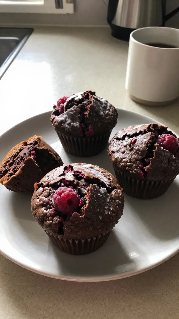 A real, authentic photo of 3. Chocolate Raspberry Keto Muffins for Dessert-Feel Good Moments on a casual kitchen counter, taken as if captured on an iPhone. The muffins are baked in simple, imperfect real-life settings: a small batch of fudgy chocolate muffins with visible, juicy raspberries peeking through, some broken crumb tops, and a couple of muffins showing lightly crisp edges. The composition feels candid and un-staged, as if someone just baked them and set them on the counter to cool. Natural window light streams in from the side, casting soft shadows and warm highlights with gentle overexposure on the sugar-glazed tops. A subtle, slightly tilted horizon adds realism. Include tiny camera imperfections: a fingerprint smudge or fingerprint-like smear on a lens area, minor motion blur from a casual hand in the background, faint lens flare from the window, compressed 1080p quality texture, and grain variation due to lighting. The muffins are placed with a casual arrangement on a plain parchment or ceramic plate, maybe a mug of coffee nearby to hint at the pairing, with no visible branding. No text on the image. Shot quickly, no staging, no AI-looking polish, and with a slight, natural post-processing touch that keeps it looking like a quick, everyday photo rather than a studio shot.