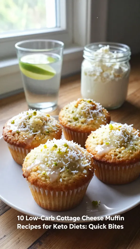 A real, authentic photo of coconut lime zing muffins for a tropical kick from the article "10 Low-Carb Cottage Cheese Muffin Recipes for Keto Diets: Quick Bites." Shot in natural window light with casual, imperfect composition to feel like an iPhone capture. Show a small plate of three moist, fluffy muffins with a light glaze hints and visible shredded coconut, lime zest specks, and a subtle coconut aroma in the air. Include a casually arranged glass of lime-infused water and a half-empty jar of cottage cheese in the background to hint ingredients, all on a rustic wooden counter near a sunlit window. Slight overexposed highlights on the muffins’ tops, tiny lens flare from the light, faint motion blur from a quick handheld shot, and a bit of grain that varies with the bright daylight. Horizon slightly tilted, no staging, no professional setup, fingerprint on the lens, "taken in a hurry" vibe, compressed 1080p quality, no text on image. Optional subtle post-processing hints: a minor smart blur with light sharpening and a flat color feel to resemble a casual, everyday photo. No words, no logos.