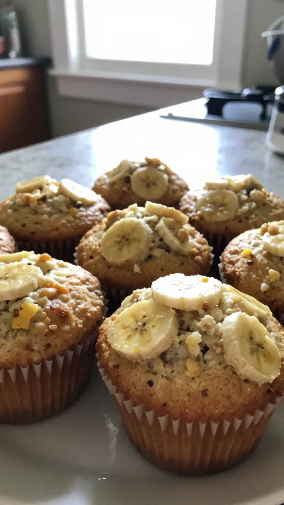A real, authentic photo of Banana-But-Not-Too-Bananas Muffins for Quick Breakfast Wins, with muffins featuring a gentle banana aroma and visible cottage cheese texture, arranged on a simple plate. Show a few muffins with tender, moist crumb, a slight sheen, and a hint of banana mash visible in the batter. Capture a casual kitchen scene with natural window light streaming in, a lightly cluttered counter, and a casual, unstaged vibe. Slight overexposed highlights on the muffin tops, a subtle lens flare from the window, minor motion blur from a quick hand-hold, and a slightly tilted horizon to convey spontaneity. Include minor imperfections like a fingerprint on the lens and a touch of grain consistent with indoor lighting. No words or logos, no staged props, no professional lighting. The image should feel like a quick snap taken in a hurry, compressed, 1080p quality, no text on the image, with a hint of post-processing that keeps it grounded and natural.