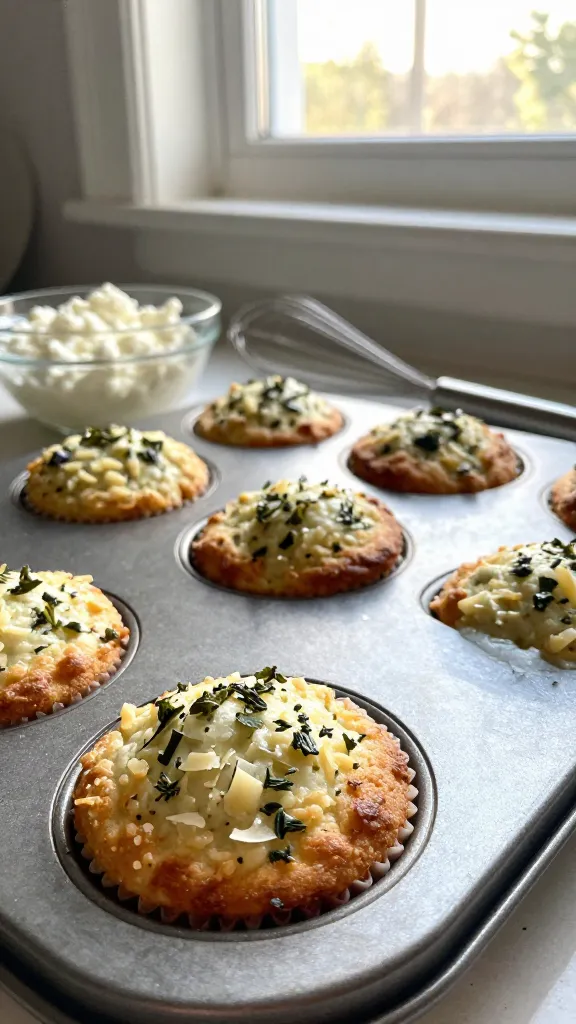 A real, authentic photo of garlic-parmesan herb muffins for a savory snack, prominently featuring the muffins made with cottage cheese as the main subject inspired by the article title "6. Garlic-Parmesan Herb Muffins for a Snackable Twist." Shot as if taken casually with an iPhone, using natural window light and an everyday kitchen setting. Slightly imperfect, candid composition: a muffin tin on the counter, a few muffins in focus with a crisp crust showing parmesan topping, herbs visible (oregano, thyme, parsley) on top, a small bowl of cottage cheese and a whisk nearby to imply the recipe steps. Warm, soft shadows, a bit of overexposed highlight on the muffin edges from sunlight, gentle lens flare near the window, and a slight tilt of the horizon. Subtle motion blur from a quick hand movement, minor grain in the lighter areas, and a few fingerprints or dust specks on the kitchen counter to enhance realism. No staging, no AI-looking perfection; the scene feels lived-in and spontaneous. The image should look like 1080p-esque phone capture, with a natural, compressed feel and slight post-processing that keeps it from looking overly polished (no text on image). Optional subtle post-processing vibes: scaled down then up, a light smart blur with gentle sharpening, and a flat color tweak to reduce AI detectability, while preserving authentic texture. No words or labels in the scene.