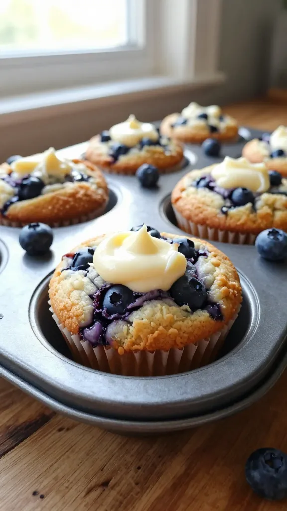 A freshly baked Blueberry Cream Cheese Swirl Muffin, pulled from a muffin tray, with a creamy swirl visible and blueberries peeking through a tender crumb; close-up, focus on the muffin center to highlight the cream cheese swirl, with a few blueberries around the muffin on a rustic wooden counter. Shot casually with natural window light, in a real kitchen, no staging. Slight overexposed highlights on the muffin tops, a touch of lens flare from the window, minor motion blur from a passing hand or breeze, and grain that varies with light. The horizon is gently tilted for a candid feel; there should be fingerprints or a slight smudge on the camera lens for authenticity. Colors are warm and inviting, capturing a cozy weekend treat. The image should look compressed, 1080p quality, like a quick snap taken in a hurry, no text, no cinematic or studio cues, no words on the image, no AI-generated appearance, no over-processed post effects beyond a subtle, natural reduction of sharpness and slight color punch that still reads as real. No staging, no 8K or professional lighting.