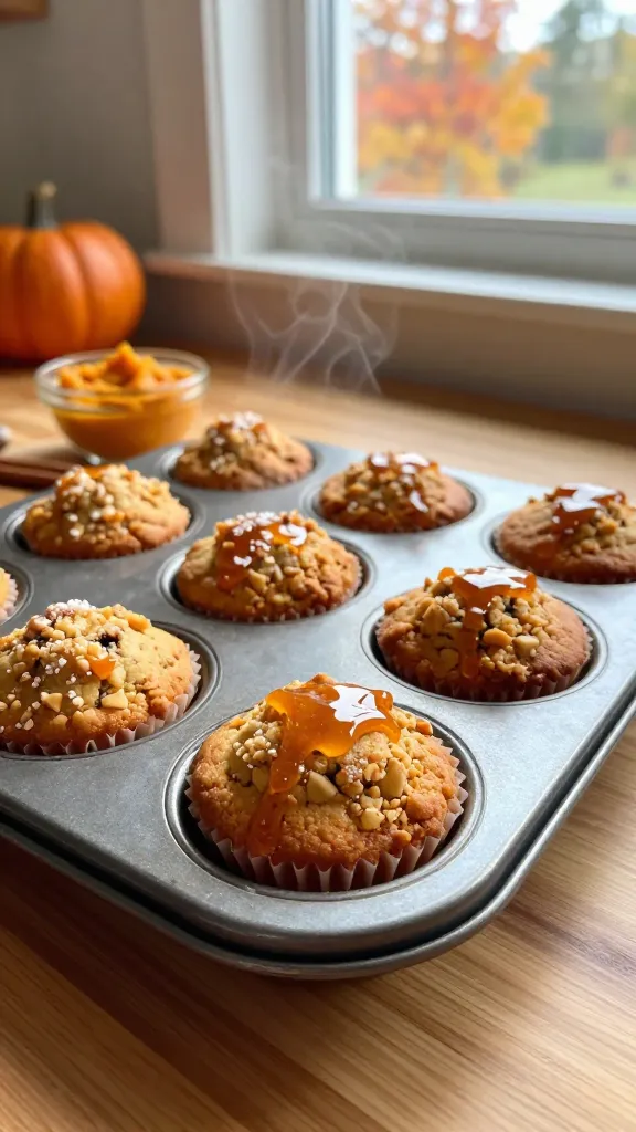 A real, authentic photo of Pumpkin Spice Deluxe Muffins for Autumn All Year, the main subject from the article title, styled as if just baked and ready to enjoy. Shot casually with an iPhone, in natural window light, showing a warm kitchen scene with a wooden countertop and a softly blurred autumn backdrop. The muffins sit in a lightly stained muffin tin or on a simple parchment-lined tray, with a warm amber crumb visible and a subtle drizzle of sugar-free maple on top. Include a small bowl of pumpkin puree and a teaspoon of cinnamon nearby for context. Capture a spontaneous, homey vibe: slightly imperfect angles, a touch of steam rising, a casual, slightly tilted horizon, and natural lens imperfections like a tiny flare from the window, gentle grain, and minor motion blur from a hand resting near the edge. No staging or professional setup; “taken in a hurry” feel. Ensure no text is on the image. The scene should appear as if photographed quickly on an iPhone, with compressed 1080p quality, fingerprint on the lens, and a hint of post-processing that looks subtle: scaled down and up again with light sharpening, but not overtly artificial. Avoid words like cinematic, 8k, ultra realistic, hyper realistic, professional photography, studio lighting, depth of field, or perfect composition. Include warm pumpkin-spice colors, a cozy amber crumb, and a natural, comforting autumn kitchen atmosphere.