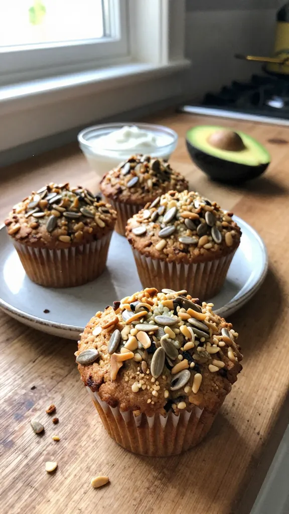 A realistic photo of Sunflower Seed Crunch Muffins for a Nutty Twist, focusing on a fresh batch of muffins with visible roasted seeds on top and a few seeds folded into the batter, placed on a rustic wooden kitchen counter. The scene should feel authentic and candid, as if photographed in a home kitchen with natural light streaming through a nearby window. Include a casual arrangement: a couple of muffins on a chipped ceramic plate, a small bowl of plain yogurt and a halved avocado nearby for a savory dip vibe, and a sprinkle of extra roasted seeds around the plate. Capture texture: seed-crunch tops, slightly crumbly muffin edges, moist interior glimpsed from a cut muffin. Shot quickly, no staging. Slight overexposed highlights from window light, natural lens flare near the edge, minor motion blur from a quick hand movement, and a few grainy spots in lower light areas. Horizon slightly tilted, some fingerprint smudges on the lens edge, and a subtle warm, imperfect color tone. No text in the image. Compressed, 1080p quality, with a hint of post-processing that keeps it looking real (minimal edits, slight smart blur and gentle sharpening).