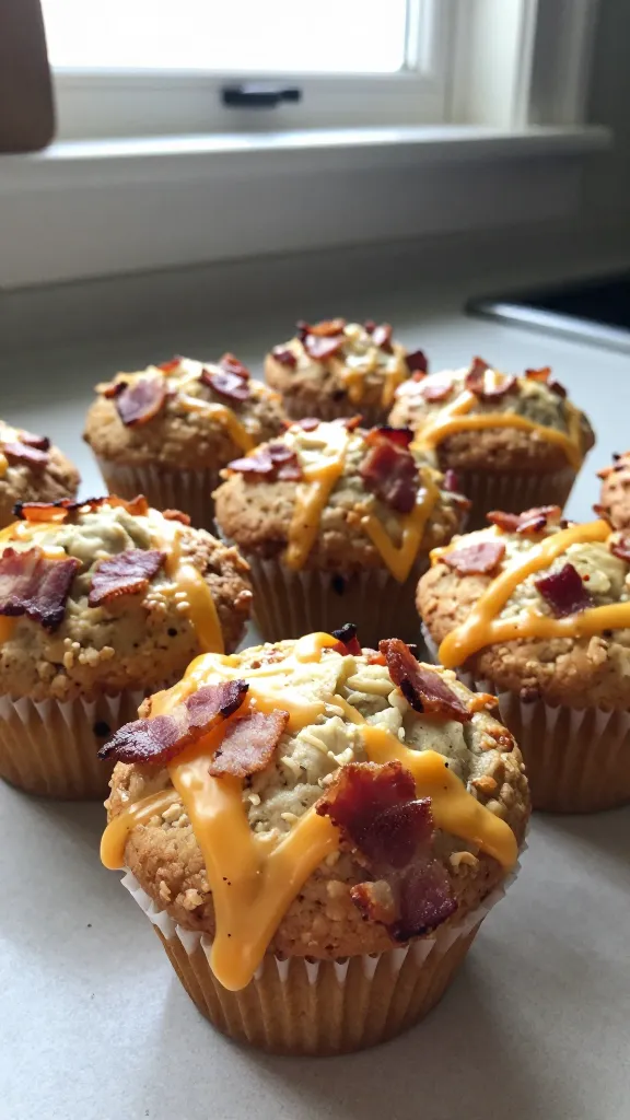 A real, authentic photo of Savory Bacon-Cheddar Muffins for Meal-Prep Magic, main subject from the article title, shown as a few freshly baked muffins with crispy bacon bits and melted cheddar, on a simple kitchen counter. Shot with natural window light, casual composition, slight imperfections to feel real and un-staged. Include realistic phone-camera quirks: slightly overexposed highlights, faint lens flare, minor motion blur from a casual moment, gentle grain varying with light, and a subtly tilted horizon. No staging, no text, no branding. The scene should look like it was taken quickly on an iPhone, with a compressed, 1080p quality feel and a hint of post-processing that keeps it natural (subtle smart blur/sharpening and flat recolor to avoid a hyper-saturated look). Optional: a fingerprint on the lens or a small scratch on the muffin wrapper to enhance realism. No words in the image.