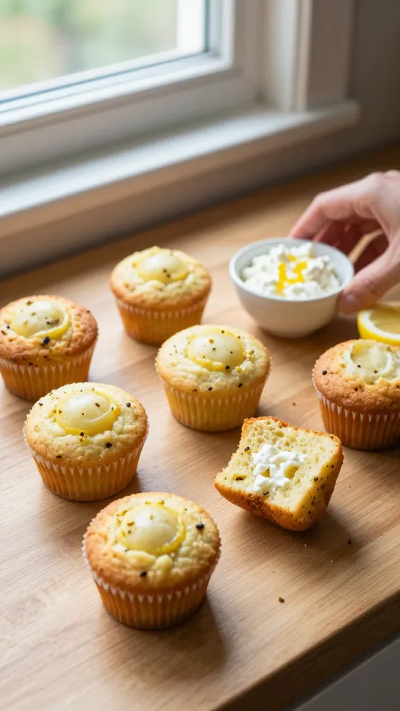 A real, authentic photo of Lemon Zest Sunrise Muffins with Cottage Cheese arranged on a light wooden kitchen counter near a window. The muffins are bright and golden with a subtle custard-like center visible, small flecks of lemon zest and a gentle vanilla aura. One muffin is halved to reveal moist interior speckled with cottage cheese. A small bowl of cottage cheese with lemon zest and a lemon wedge sits nearby. Natural window light creates soft shadows and a casual, candid vibe, as if photographed quickly in a real breakfast moment. Slight overexposed highlights from the sun, a faint lens flare near the window, a touch of motion blur from a quick hand movement, and minor camera grain in low-light corners to heighten realism. Horizon slightly tilted, no staging, finger­­print on lens and a few crumbs on the counter. Compressed, 1080p quality with no text, no branding, no artificial polish, a hint of post-processing that keeps it looking like an everyday snap rather than a studio shot. Shot quickly, taken in a hurry, no staging, natural imperfections, no words on the image.