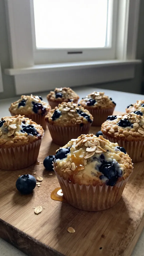 A real, authentic photo of Blueberry Cinnamon Cottage Cheese Oat Muffins as the main subject, shot quickly with an iPhone in a cozy kitchen. Natural window light floods the scene, casual composition, slightly imperfect, everyday moment—no staging. Muffins arranged on a worn wooden cutting board with a few blueberries scattered around and a light dusting of oats on top. A gentle drizzle of honey or maple syrup glints in the light, adding warmth. Slight overexposed highlights from the window, a touch of lens flare near the edge, minor motion blur from a casual hand-hold, and a small tilt to the horizon. Subtle grain that varies with the light, compressed, 1080p quality, fingerprint on the lens hint, no text, no cinematic or studio cues. Optional subtle post-processing: not overly sharp, a hint of smoothing then slight color shift to mimic casual phone edit. Real, homey, no AI-appearance cues.