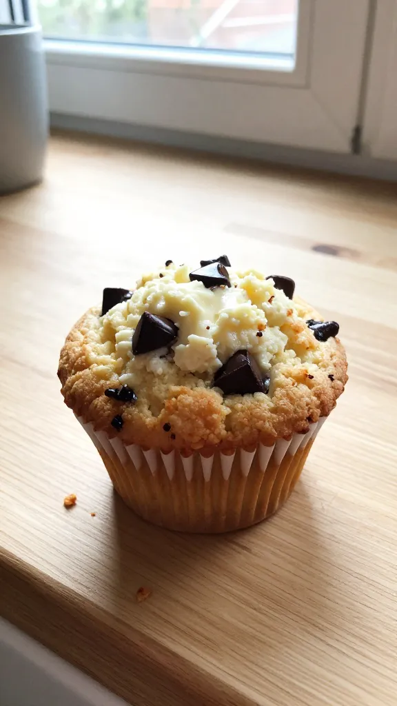 A casually plated chocolate chip vanilla cottage cheese muffin sitting on a light wooden kitchen counter by a bright window, with natural daylight highlighting the moist crumb and dark chocolate chips peeking through. The muffin is photographed in an imperfect, lived-in style: a slightly tilted horizon, a few crumbs nearby, and a faint reflection from a nearby mug. The scene feels unposed and spontaneous, as if snapped quickly after baking. Subtle elements of realism include a fingerprint on the lens, slight overexposed highlights on the muffin’s surface, gentle grain from the phone camera, and minor motion blur from a quick hand-held shot. No text on the image. The overall tone is warm and homey, with a casual composition that conveys a post-workout treat vibe and a Sunday-bake mood, captured with iPhone-style authenticity rather than studio perfection. Scale to look like compressed, 1080p quality; no professional lighting or deep depth of field. Optional light post-processing: slight color lift and gentle sharpening, kept to mimic real photo artifacts without appearing overly processed.