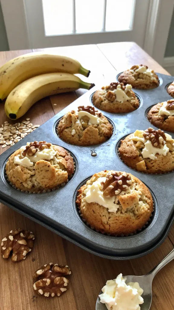 A real, authentic photo of Banana-Oat Cottage Cheese Muffins with Walnuts on a casual breakfast setup. Focus on a batch of muffins in a slightly imperfect, homey kitchen scene: ripe bananas, oats, and walnuts visible, with creamy cottage cheese texture subtly peeking from the muffin tops. Use natural window lighting to create soft shadows and a warm, inviting mood. Composition: casual, as if set for a quick breakfast; muffin tins or a small baking sheet resting on a worn wooden table, a few scattered walnuts and a spoon with a dollop of cottage cheese nearby. The muffins should look moist and fluffy with a gentle golden crust, walnuts giving a crunchy contrast. Capture in a candid, slice-of-life style that feels unposed and unedited. Include realistic phone-camera imperfections: slight overexposed highlights from the window, a subtle lens flare, minor motion blur from a slight shake, grain variation due to lighting, and a slightly tilted horizon. Avoid any artificial studio feel, no words or text on the image, and no obvious AI cues. Image should resemble an iPhone photo taken quickly, with no staging, finger-print marks on the lens, compressed 1080p quality, and a natural, everyday breakfast vibe. Optional subtle post-processing hint: a light, everyday touch that looks like slight smart blur with a gentle sharpen, and color tweaks that keep it natural. No text.
