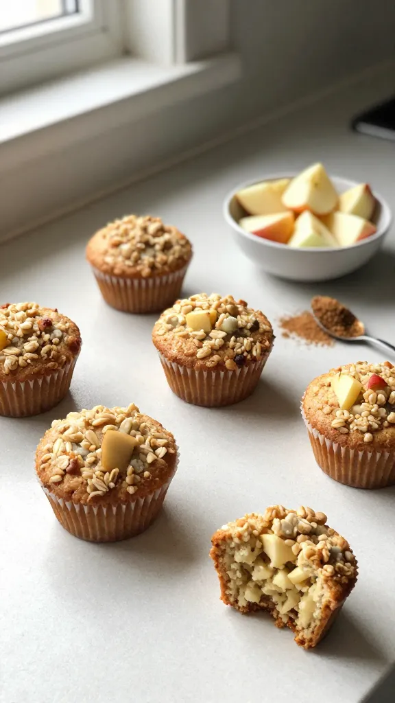 A real, authentic photo of 5. Apple Pie Cottage Cheese Oat Muffins on a casual kitchen counter. The scene shows a few warm, golden muffins with visible small apple chunks and a light crumble topping, arranged casually with one muffin bitten to hint at moist interior. Include a small bowl of diced apples, a pinch of cinnamon, and a spoon with brown sugar nearby to convey ingredients. Natural window light from the left casts soft shadows, with slight overexposed highlights on the muffin tops and a gentle lens flare. Slightly imperfect details: a finger-smudged lens edge, a subtle tilt of the horizon, minor motion blur from a quick touch, graininess in the right-bottom corner, and a hint of compression to 1080p quality. No words, no text, no staging—just a quick, candid breakfast vibe that feels like an iPhone photo taken in a hurry, with a casual arrangement and a tiny, unpolished charm. Optional subtle post-processing touch: light noise reduction only where needed, preserving natural imperfections.