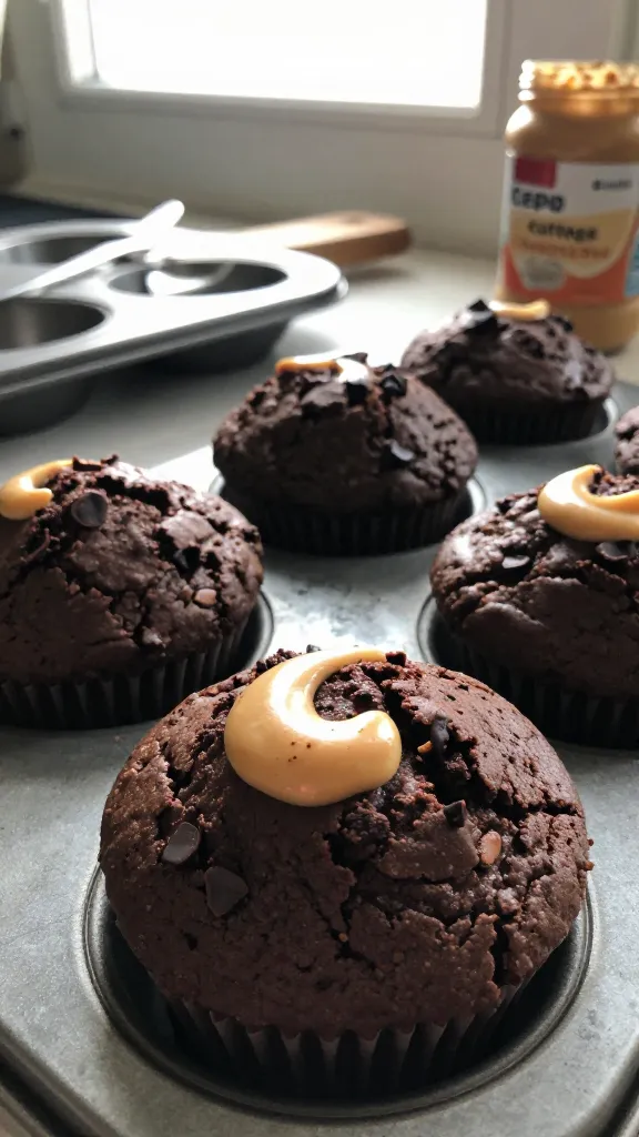 A real, authentic photo of Cocoa-Cepe Cottage Cheese Oat Muffins with Peanut Butter Swirl, as described in the article section 6. The main subject should be the muffins themselves, showcased in a casual, homey setting. Natural window lighting streaming in, slight natural shadows, no staged studio vibe. Slightly imperfect, realistic feel with everyday kitchen elements in the background (muffin tin, wooden cutting board, a spoon, a jar of peanut butter). Shot quickly, no staging, like it was taken in a hurry. Include realistic phone-camera imperfections: a few slightly overexposed highlights on the chocolate, minor lens flare from the window, small motion blur if any from a gentle hand shake, grain that varies with light, and a slightly tilted horizon. The image should feel compressed, 1080p quality, with no text on the photo. Optional subtle post-processing hint: a minimal, imperfect adjustment that suggests a quick edit (scaled down and up, slight smart blur with some sharpening, recolored with a flat, natural look) to avoid a perfectly immaculate look. The muffins should appear moist with fudgy pockets and a soft crumb, a visible swirl of peanut butter in one or two muffins, and a few chocolate chips or cocoa dust. Do not include any words in the image. Aim for a candid, "taken in a hurry" vibe with the main subject clearly identifiable from the article title.