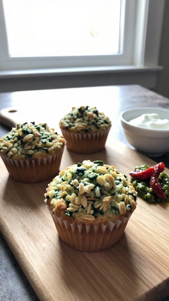 A real, authentic photo of Spinach-Pesto Cottage Cheese Oat Muffins on a casual breakfast setup, taken with an iPhone. Natural window light, slightly imperfect, candid shot as if grabbed mid-morning. Show a few spinach-green flecks visible in tender muffin crumbs, with a couple muffins in a simple, imperfect paper liner on a light wooden board. Include a small dollop of pesto or sun-dried tomato garnish for color pop, and maybe a tiny bowl of yogurt on the side. Slight overexposed highlights from the window, a bit of lens flare, and a faint horizon tilt to feel un-staged. Subtle grain and mild motion blur to imply movement, no post-production polish. No text on the image. Shot quickly, no staging, fingerprint on lens, compressed 1080p quality, screenshot-like realism, minimal, natural imperfections—like a real breakfast moment. Optional hint of post-processing: light, natural color shift and a touch of blur to mimic casual mobile photography.