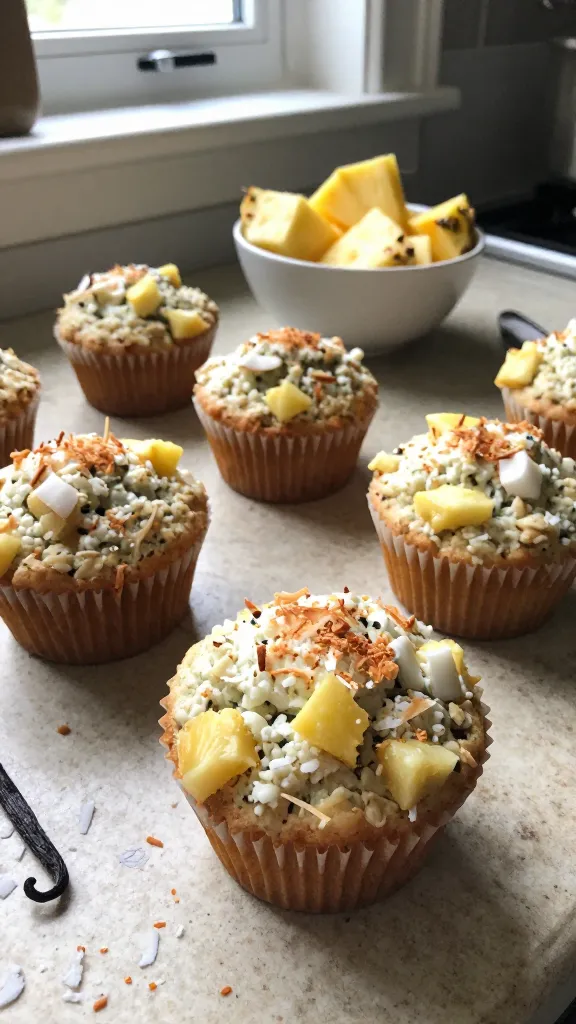 A single, warm, authentic photo of Pineapple Coconut Cottage Cheese Oat Muffins arranged on a rustic kitchen counter, featuring a few muffins with visible pineapple chunks and coconut flecks, a sprinkle of toasted coconut on top, and a small bowl of fresh pineapple pieces in the background. The scene captured in natural window light, with casual, imperfect composition: no staging, slight tilt of horizon, finger-smudge on the lens, and a soft, domestic kitchen vibe. Subtle overexposed highlights from sunlight, minor motion blur from a passing napkin, grainier texture in the shadows, and a slightly compressed 1080p quality look. The muffins appear juicy and fluffy with a hint of vanilla, with a coconut aroma suggested by a nearby shredded coconut spoon and a vanilla bean pod. No text, no branding, no artificial lighting. Shot quickly, taken in a hurry, no setup, casual everyday breakfast feel. Optional hint of light post-processing: small smart blur and gentle sharpening, mild color balancing to keep colors natural, nothing overdone.