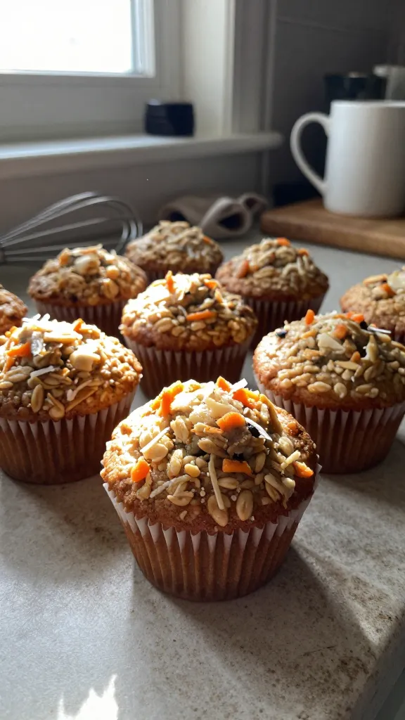A real, authentic photo of a batch of Carrot Cake Cottage Cheese Oat Muffins sitting on a rustic kitchen counter, with the main subject clearly implied by the article title. The scene is captured as if photographed quickly with an iPhone, not staged. Natural window light streams in from the side, creating soft shadows and gentle highlights on the muffins. The composition is casual and slightly imperfect: a few muffins in a shallow, imperfectly arranged stack, some muffin cups peeking out, a light sprinkle of grated carrot and shredded coconut visible on top for texture. The setting includes everyday kitchen items in the background—a mug, a wooden cutting board, a crumbly napkin—blurred enough to keep focus on the muffins but present for realism. Subtle, realistic phone-camera imperfections are visible: a tiny bit overexposed highlight on a muffin edge, a faint lens flare from the window, slight motion blur around a whisk resting nearby, and a touch of grain that varies with the ambient light. Horizon might be gently tilted to convey spontaneity, and there could be a fingerprint or smudge on a lens or a slight dust particle catch in the light to emphasize realism. The image quality should feel like compressed, 1080p phone capture—no staging, no professional lighting, no deep depth of field. No text on the image. Optional subtle post-processing hint: a barely noticeable, natural-looking touch that hints at slight color adjustments, while preserving the casual, homey feel. The muffins convey warmth, moisture, and a carrot cake vibe without the glaze, ready for a late-morning coffee pairing.