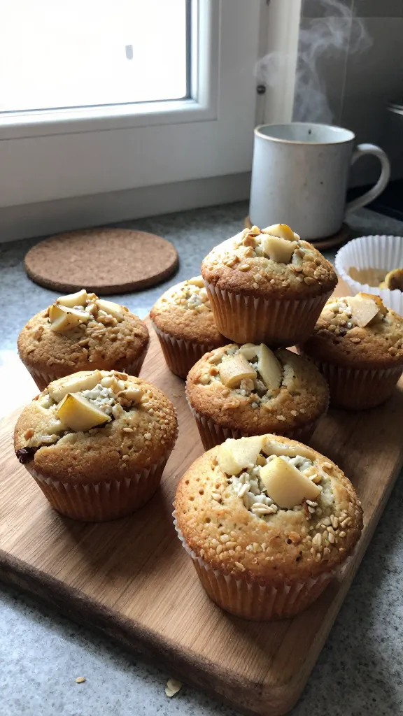 A real, authentic photo of Zesty Ginger Pear Cottage Cheese Oat Muffins on a rustic kitchen counter, shot in natural window light with casual composition. The main subject is a batch of golden muffins with visible pear pieces and tiny specks of ginger, arranged casually on a worn wooden board with a few muffins stacked against each other. Include imperfect, everyday details: a slightly overexposed highlight from the window, a faint lens flare in the corner, a tiny motion blur from moving the camera quickly, and a soft grain that varies with the light. A cork coaster, a chipped ceramic mug with steam in the background, and a crumpled parchment paper liner add to the lived-in vibe. Horizon slightly tilted, no staging, no visible branding, no text on image. The scene should feel like a quick iPhone capture, compressed 1080p quality, fingerprint on the lens subtly visible, and overall natural, casual, and imperfect—as if taken in a hurry to document a tasty muffin moment. Optional subtle post-processing hints: slight smart blur with light sharpening and color slight desaturation to resemble a simple, real photo. No words.