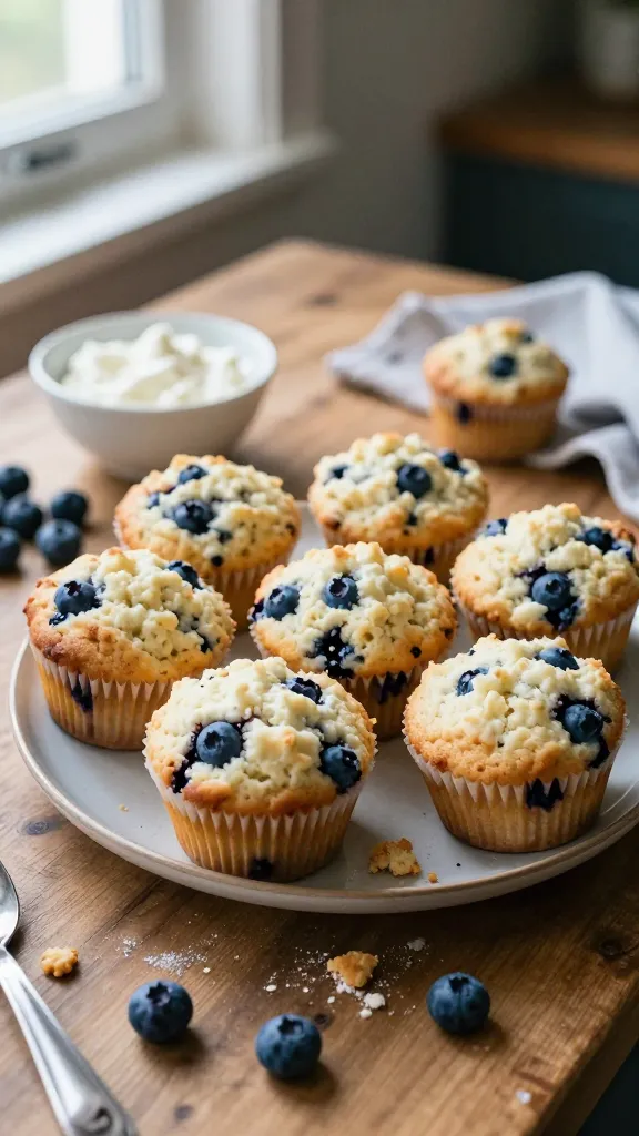 A photo of fluffy Cloud Nine Cottage Cheese Blueberry Muffins on a rustic kitchen table, with a casual, home-baked vibe. The main subject is a plate of light, melt-in-your-mouth cottage cheese blueberry muffins, featuring a soft crumb and visible blueberries, arranged informally with a few muffins stacked and some crumbs scattered. Include a small bowl of silky cottage cheese, a handful of fresh blueberries, and a whisk or mixing spoon nearby to hint at the batter’s texture. Use natural window light streaming from the left, casting gentle shadows and highlights on the muffins and surrounding items. The scene should feel real and unscripted: a slightly imperfect composition, a touch of clutter like a measuring cup, a crumb of flour on the counter, and a casually placed napkin. Emphasize realism with subtle camera imperfections: slight overexposed highlights on the muffin tops, a tiny lens flare near the edge, mild motion blur from a casual hand-held shot, and a faint film grain that varies with light. Horizon may be slightly tilted, and there should be no stage setup; everything looks like a quick snapshot in an ordinary kitchen. The image should resemble an iPhone photo taken in a hurry, with no staged poses or professional lighting. Avoid text, and keep the look natural: “shot quickly,” “taken in a hurry,” “no staging,” “fingerprint on lens,” “compressed, 1080p quality,” and “screenshot quality” hints woven into the mood. Optional subtle post-processing hints: a light, imperfect color tweak that resembles a quick edit, a touch of smart blur with gentle sharpening, and a minor color balance shift to mimic everyday camera processing. No AI-watermark or obvious editing tells. The setting, muffins, and props should clearly convey the classic, airy muffin experience described in the article.