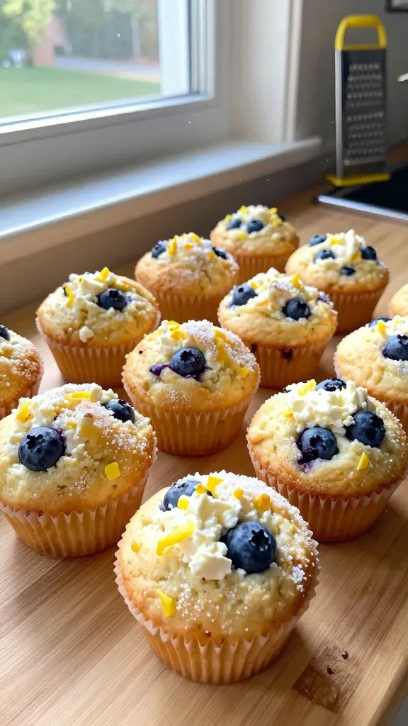 A real-looking photo of Lemon-Blueberry Dream Muffins with Cottage Cheese, taken as if by an iPhone in a cozy kitchen. The scene shows a dozen fluffy muffins on a light wooden countertop near a window, with natural daylight streaming in. The muffins have lemon zest specks, a light sugar dusting on top, and visible blueberries and a soft, airy crumb hint from the cottage cheese inside. The shot is casual and unstyled: a hurried snapshot vibe, slight tilt to the horizon, and a few imperfections like tiny highlights on the muffin tops from the window, minor overexposed spots, and a gentle lens flare from the sun. A fingerprint smudge on the lens adds realism, and there is slight motion blur on a nearby lemon zest grater and a few crumbs mid-air as if someone just moved. The photo should feel like compressed 1080p quality, not crisp studio perfection, with no text or captions. Subtle post-processing hints: a tiny touch of light color boost and a slight dulling of sharp edges to mimic a quick, everyday capture. No words, just the food scene.