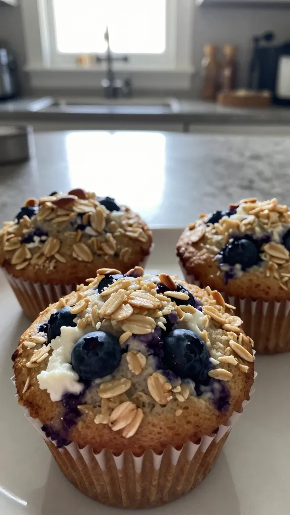 A real, authentic photo taken on an iPhone of 3. Oatmeal-Run Muffins: Cottage Cheese + Blueberry Surprise, featuring the muffins with visible oats, chopped almonds, and blueberry specks, arranged on a casual breakfast spread. The scene is taken in natural window light with a softly blurred kitchen counter in the background, a slightly imperfect, candid vibe as if photographed quickly in a morning rush. Include subtle imperfections: a touch of overexposed highlights on the muffin tops, a faint lens flare near the window, minor motion blur from a passing hand or breeze, and grain that varies with light. Horizon is slightly tilted, with a fingerprint or dust speck on the lens, and a casual, everyday feel with no staging. The image should look like a compressed 1080p photo, no text, no words, no cinematic or studio cues, and avoid any AI-issue identifiers. Subtle, incidental post-processing hints might appear as slight smart blur with sharpening and a flat color tone, as if scaled down and up again. No words on the image.