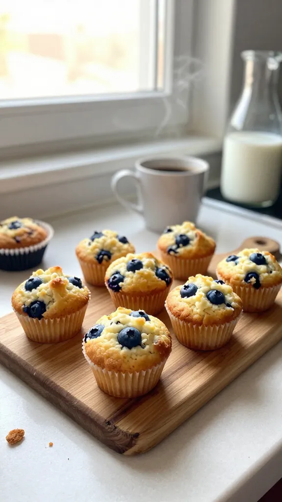A real, authentic photo of mini cottage cheese blueberry muffins arranged on a small, imperfect wooden cutting board near a kitchen window. The muffins are tiny, golden-brown, with visible blue berries and slightly crisp edges. The scene is shot quickly, in natural window light, with a casual, lived-in brunch vibe. Slightly messy countertop, a few muffin liners, a tiny crumb or two, and a hint of steam rising from freshly baked mini muffins. A nearby coffee mug and a jug of milk add to the relaxed brunch mood. Include realistic phone-camera imperfections: a touch of overexposed highlights from the window, minor lens flare, a tiny bit of motion blur on a passing hand or a napkin, grain that varies with light, and a slightly tilted horizon. No staging, no obvious props or studio setup. The image should look like a casual iPhone shot, approximately compressed 1080p quality, with fingerprint on the lens and a “screenshot quality” feel. Optional subtle post-processing artifact: slight smart blur with sharpening and recolored with a flat paint bucket look to keep it subtle and not overly polished. No text on the image.