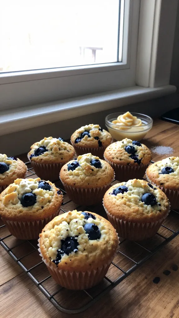 A real, authentic photo of a batch of Vanilla-Bean Cottage Cheese Blueberry Muffins cooling on a wire rack by a sunlit kitchen window. The muffins are softly golden with visible vanilla bean specks, dotted with blueberries that peek through the crumb. A small bowl of vanilla bean paste and a pinch of sea salt sit nearby on a rustic wooden counter, suggesting a simple, cozy bake. The scene is shot quickly with natural window light, casual composition, and a slightly imperfect, homey vibe. Include realistic phone-camera imperfections: a touch of overexposed highlights from the window, gentle lens flare, minor motion blur from a slight breeze or movement, light grain in the shadows, and a subtly tilted horizon. No staging, no words or text on the image, and no dramatic editing. The overall look is compressed, 1080p quality, like a quick iPhone snapshot taken in a hurry, with fingerprint smudges on the lens and a hint of post-processing that keeps it feeling human and unpolished.