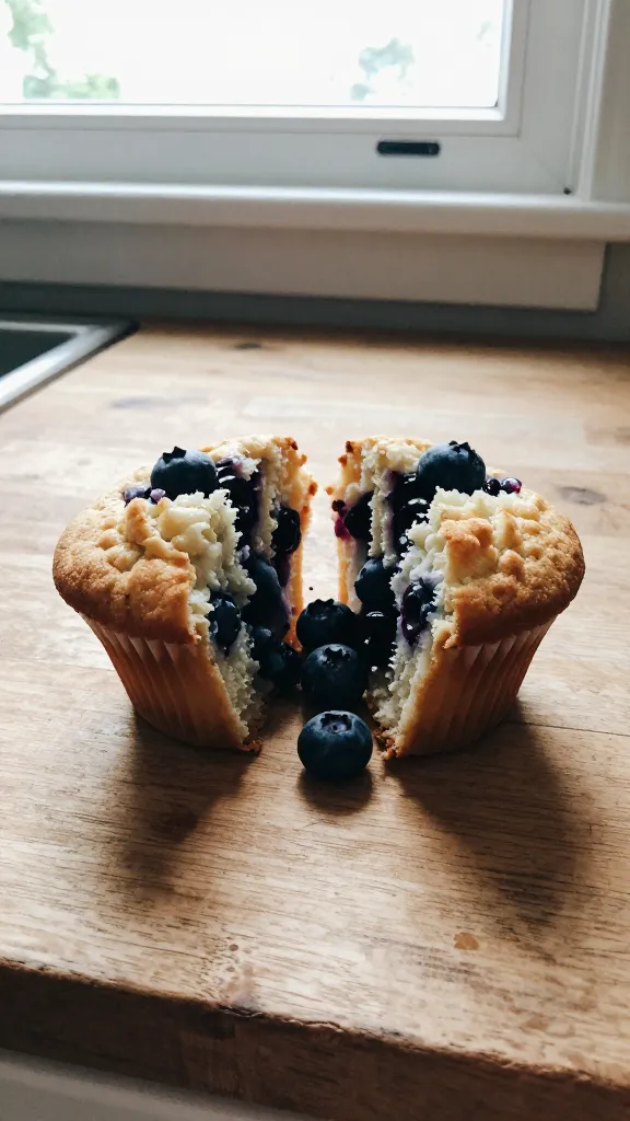 A photo of a fluffy, golden blueberry muffin split open to reveal juicy, bursting blueberries inside, with extra blueberries visible on top and around the muffin liner. The muffin sits on a simple, slightly worn wooden kitchen counter near a window with natural daylight. The scene is casual and unposed: a quick, everyday moment in a home kitchen, not styled for perfection. Slight overexposed highlights on the muffin’s crust, a touch of lens flare from the window, and a tiny tilt of the horizon. A few specks of flour on the counter and a faint fingerprint smudge on the camera lens suggest a real, in-the-moment shot taken in a hurry, not staged. The image has a compressed, 1080p quality feel with minor motion blur from a casual handheld shot, no editing to create a film look, and no visible text. Optional subtle post-processing: a small fade, not overly sharp, to resemble a quick smartphone capture. No words, no logos.
