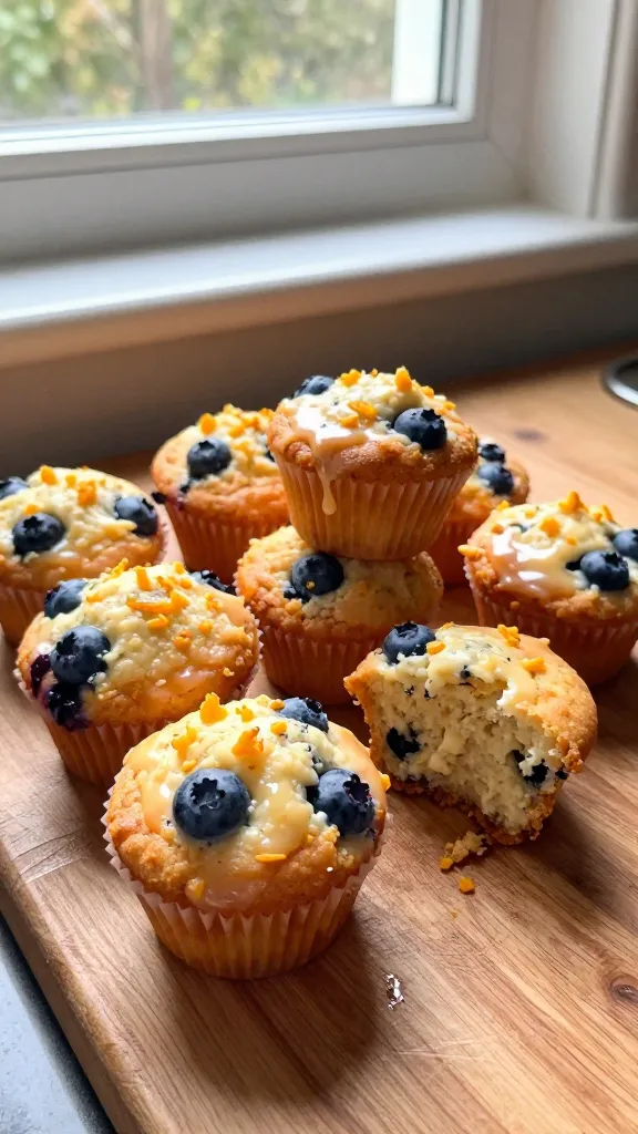 A real, authentic photo of a cluster of fluffy orange zest and blueberry cottage cheese muffins sitting on a rustic wooden kitchen counter near a window. The muffins have a light orange glaze catching a tiny drip, visible flecks of orange zest, and plump blueberries peeking through. A slightly imperfect, casual arrangement with a few muffins stacked and one half-eaten bite reveal of the moist crumb. Natural window light spills over the scene, creating soft, warm highlights and gentle shadows. Slightly overexposed spots on the glaze and a tiny lens flare near the edge of the frame, with a subtle tilt of the horizon for realism. Subtle camera imperfections: minor motion blur from a quick hand-held shot, fingerprint smudge on the lens corner, and grain varying with the light, giving a textured, everyday look. No staging, no artificial backdrop—just a spontaneous, homey moment captured in 1080p-like quality, as if taken in a hurry with an iPhone. The image should feel unpolished and candid, with no text, no cinematic or professional photography terms, and no AI-like enhancements that suggest artificial generation. Optional faint, natural post-processing hints: a tiny touch of softening and slight color lift that remains subtle and unrefined, still preserving the camera's imperfect character.