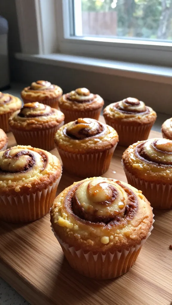 A close-up, authentic photo of Cinnamon Swirl Cottage Cheese Muffins arranged on a wooden kitchen counter by a sunlit window. The main subject is the muffins from the article title, with visible cinnamon swirls inside each muffin and a few muffins in the foreground. The scene looks like it was taken with an iPhone in casual, real-life framing: slightly imperfect, natural shadows, and soft, warm window light. Include realistic phone-camera imperfections: tiny overexposed highlights on the glossy muffin tops, a subtle lens flare from the window, minor motion blur from a quick hand movement, grain that varies with the light, and a slightly tilted horizon. No staging—no professional lighting, no dramatic depth of field, and no text on the image. The image should feel like a spontaneous weekend bake photo, with a hint of post-processing that keeps it understated (scaled down and up again, slight sharpening, and a flat, natural color tone) without looking obviously edited. Render in a compressed, 1080p quality with no words present in the scene.