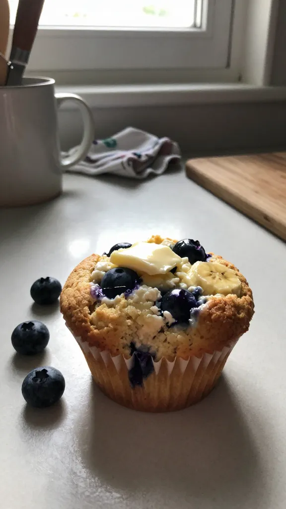A real‑world, unscripted photo of Banana-Blueberry Cottage Cheese Muffins on a casual kitchen counter, shot with an iPhone in natural window light. Focus on one warm muffin with melted butter or a bite taken out to show fluffy texture, surrounded by a few fresh blueberries and a small dollop of cottage cheese visible in the batter texture. Slightly imperfect, authentic scene with everyday clutter: a chipped mug, a crumpled napkin, and a wooden cutting board. Composition is casual and slightly off‑center, as if photographed quickly while making breakfast, not staged. Include realistic phone camera quirks: tiny overexposed highlights on a blueberry or muffin glaze, gentle lens flare from a sunny window, minor motion blur from a quick hand movement, subtle grain varying with light, and a slightly tilted horizon. The scene should feel like a candid, everyday breakfast photo, compressed 1080p quality, with no visible text. Possible hint of post‑processing that keeps it looking natural, like a small amount of sharpening or slight color adjustment, but overall unpolished and natural. No cinematic or studio references, no words, just a real moment: “shot quickly,” “taken in a hurry,” “no staging,” and a touch of fingerprint on lens.