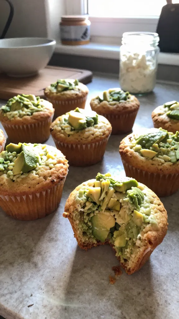 A real, authentic photo of fluffy cottage cheese avocado muffins on a rustic kitchen counter, with one muffin split open to reveal creamy avocado-infused interior. The main subject is the muffins that align with the article title, placed in a casual, imperfect arrangement. Shot in natural window light, with slight overexposed highlights on the rim of the muffin cups and a gentle lens flare from the sun. The scene includes everyday kitchen items in the background (a wooden cutting board, a ceramic bowl, a jar of cottage cheese) to convey a lived-in feel. The image shows a slightly tilted horizon, minor motion blur from a casual gesture, and subtle grain variation due to light. No staging; no obvious professional photography cues. The texture looks accessible and edible, with the green-tleck of avocado subtly visible inside the muffins. The photo is compressed, 1080p quality, as if taken quickly on an iPhone, with fingerprints on the lens and a touch of natural post-processing that hints at real-camera quirks without appearing over-polished. No text, no words, no branding. The color palette is warm and inviting, emphasizing the creamy cottage cheese and avocado contrast, with a casual, everyday kitchen vibe. Optional faint post-processing note: slight smart blur with sharpening and a flat color adjustment to reduce AI-detectable cues, but still maintaining a raw, candid feel.